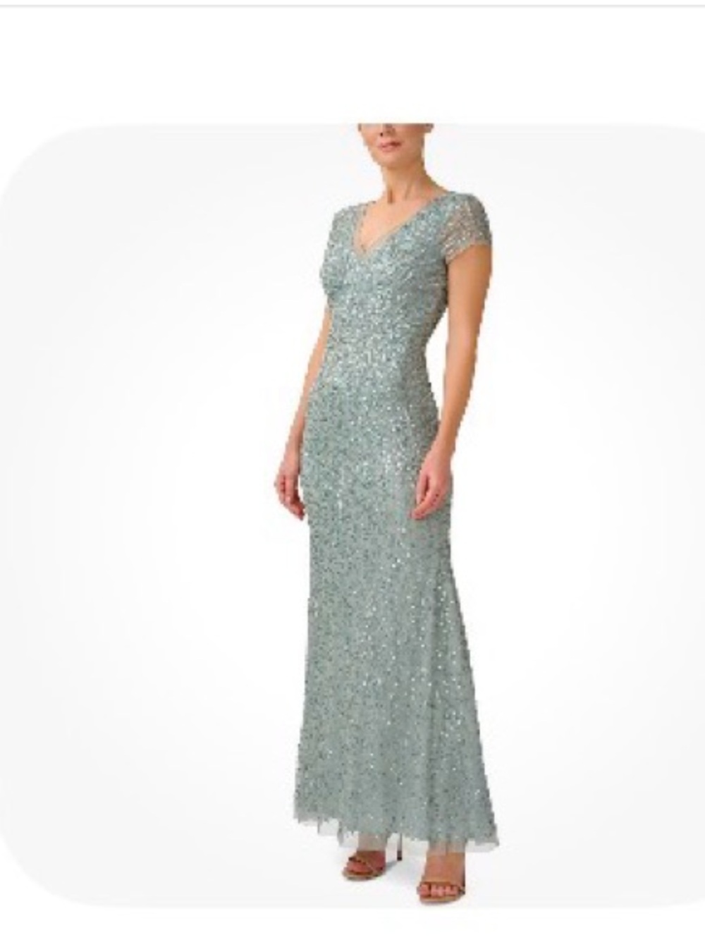 Adrianna Papell Embellished Sequin Pearl  V-Neck Mermaid Evening Gown